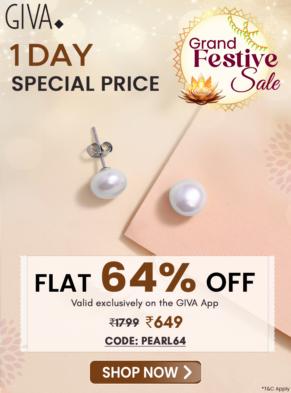 1 Day Special Price. Flat 64% off. Valid exclusively on GIVA app. Code: PEARL64